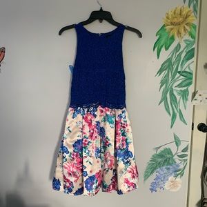 Size 5 Formal Floral Blue Lace and Satin Dress